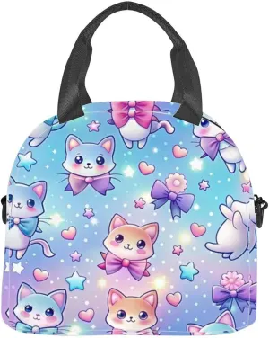 cute playful kawaii cats various poses surrounded by hearts stars and Insulated Adult Lunch Bag with Shoulder Strap for Women Lightweight Reusable Portable Freezable Lunch Tote Bag for Work Picnic