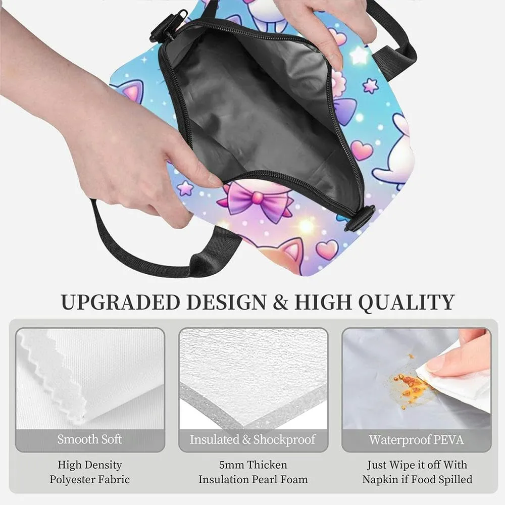 cute playful kawaii cats various poses surrounded by hearts stars and Insulated Adult Lunch Bag with Shoulder Strap for Women Lightweight Reusable Portable Freezable Lunch Tote Bag for Work Picnic