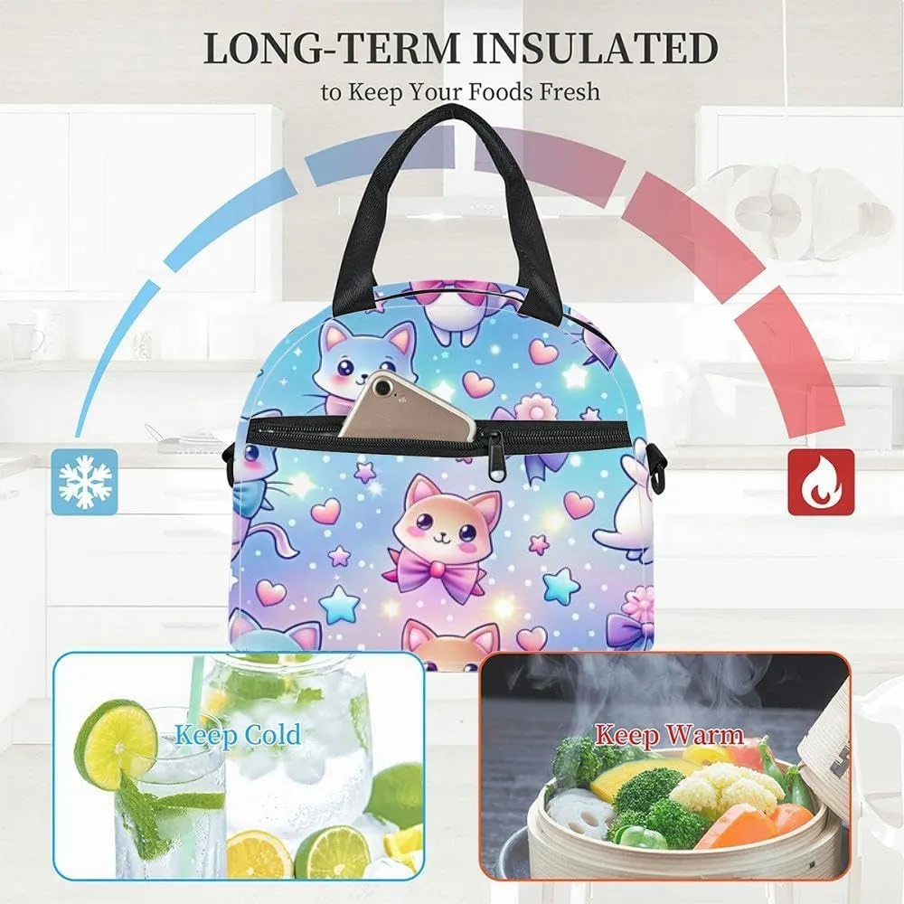 cute playful kawaii cats various poses surrounded by hearts stars and Insulated Adult Lunch Bag with Shoulder Strap for Women Lightweight Reusable Portable Freezable Lunch Tote Bag for Work Picnic