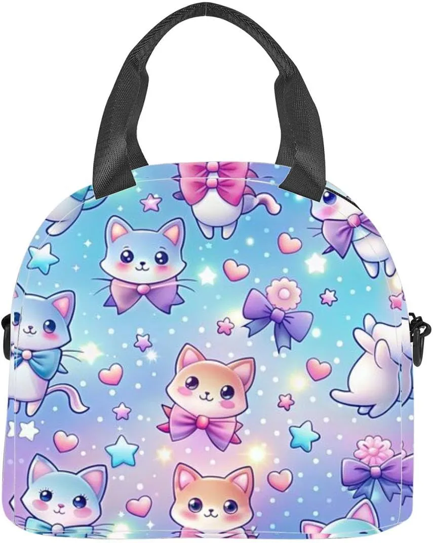 cute playful kawaii cats various poses surrounded by hearts stars and Insulated Adult Lunch Bag with Shoulder Strap for Women Lightweight Reusable Portable Freezable Lunch Tote Bag for Work Picnic