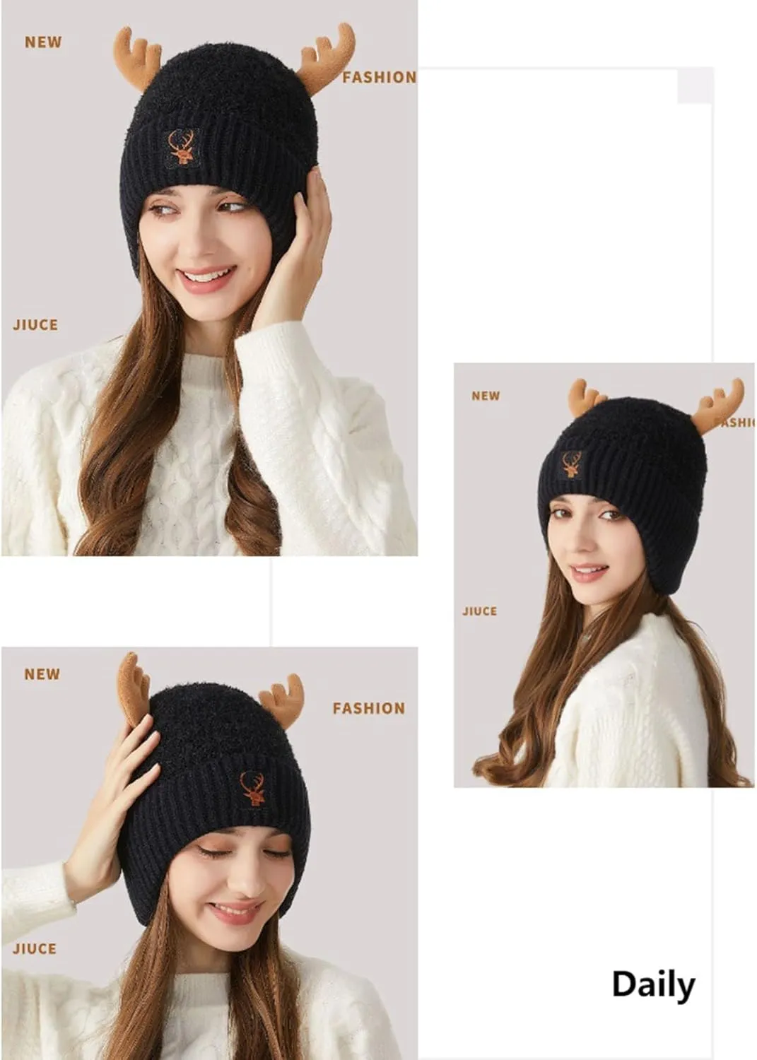 Cute Reindeer Moose Hat Winter Warm Knitted Beanie Cap Christmas Antler Beanie Ski Skull Cap for Women Men