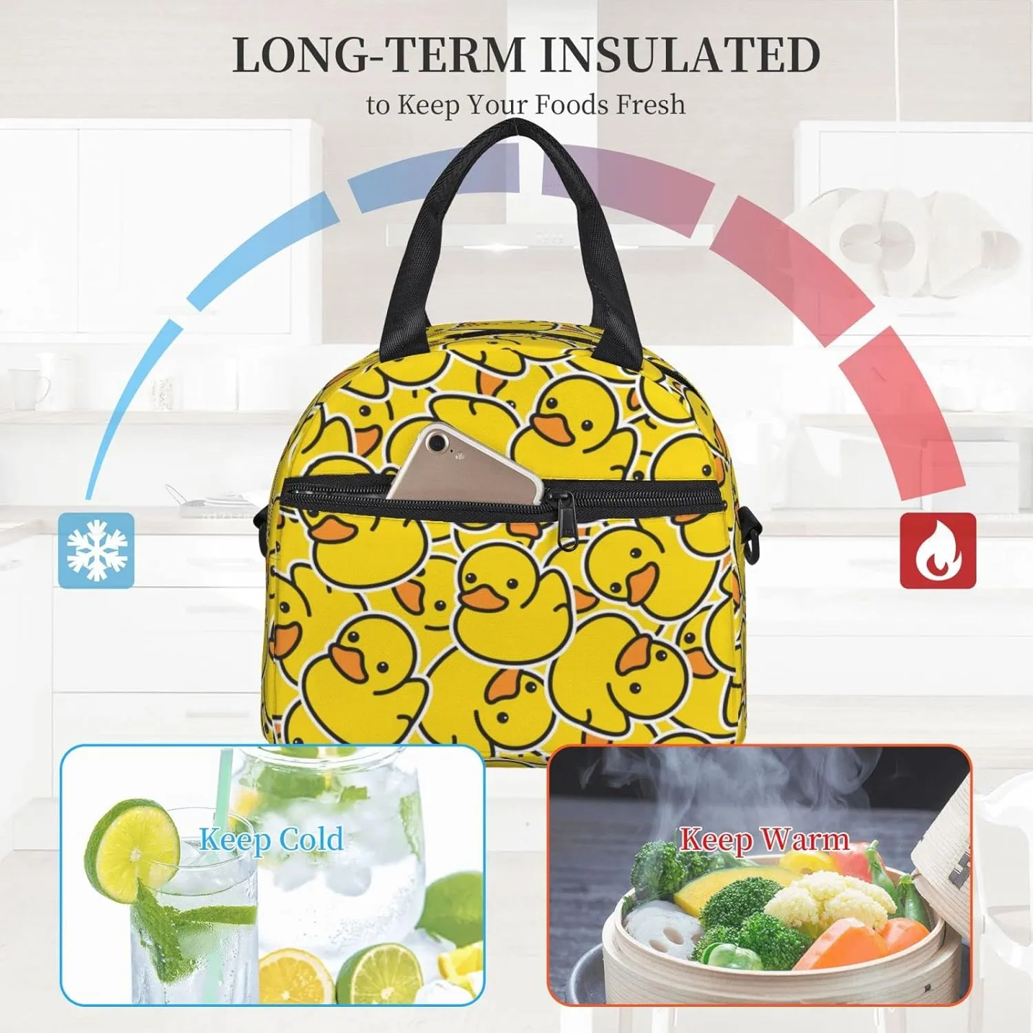 Cute Rubber Ducky Lunch Bag Yellow Cartoon Ducks Reusable Insulated Lunch Tote Bag Lunchbox Container With Adjustable Shoulder Strap For Office Work School Picnic Travel