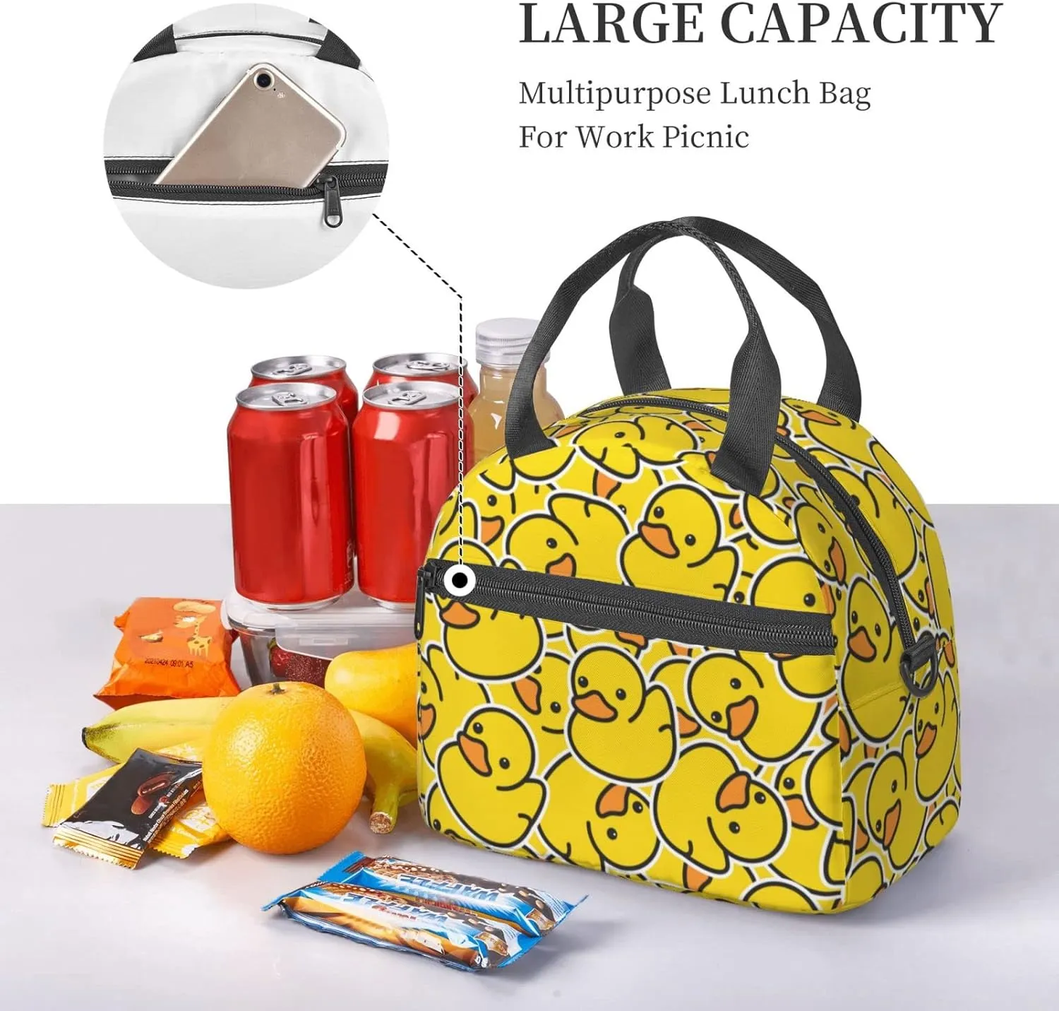 Cute Rubber Ducky Lunch Bag Yellow Cartoon Ducks Reusable Insulated Lunch Tote Bag Lunchbox Container With Adjustable Shoulder Strap For Office Work School Picnic Travel
