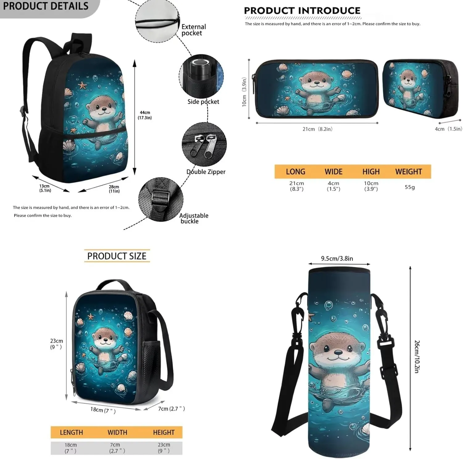 Cute Sea Otter Backpack for Girls School Bag with Lunch Bag Pencil Case Water Bottle Holder Kids Bookbag Boys Casual Daypack Travel Bag Satchel Bagpack