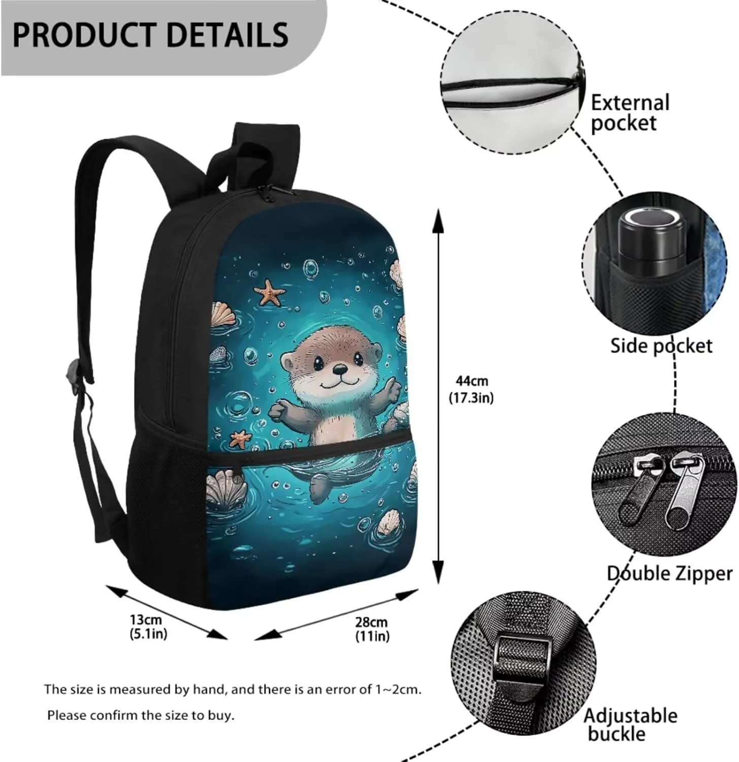 Cute Sea Otter Backpack for Girls School Bag with Lunch Bag Pencil Case Water Bottle Holder Kids Bookbag Boys Casual Daypack Travel Bag Satchel Bagpack