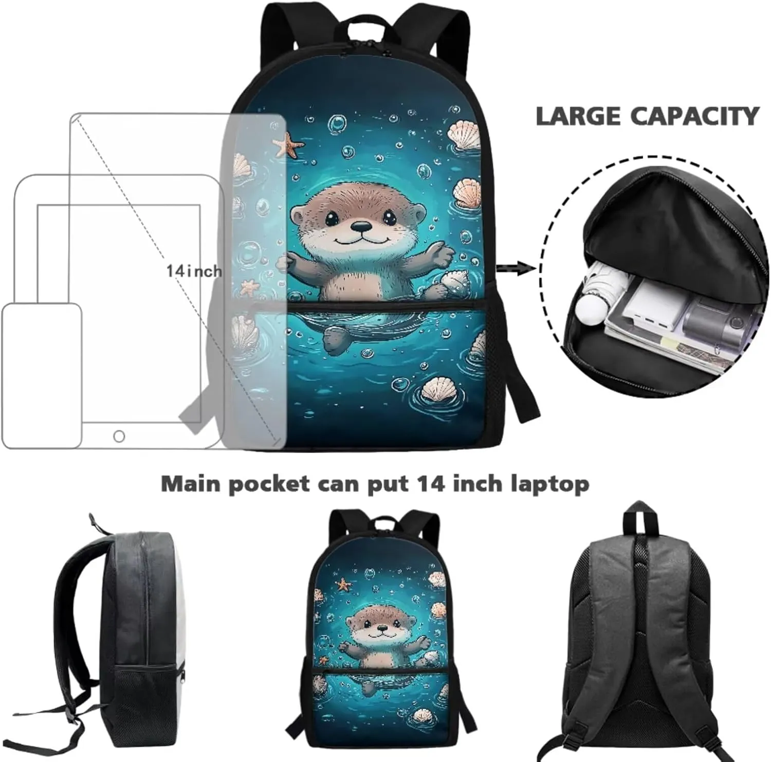 Cute Sea Otter Backpack for Girls School Bag with Lunch Bag Pencil Case Water Bottle Holder Kids Bookbag Boys Casual Daypack Travel Bag Satchel Bagpack