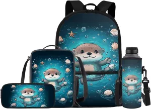Cute Sea Otter Backpack for Girls School Bag with Lunch Bag Pencil Case Water Bottle Holder Kids Bookbag Boys Casual Daypack Travel Bag Satchel Bagpack