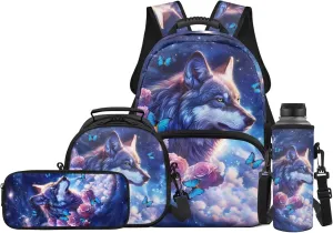 Cute Wolf Kids Backpack with Lunch Box and Water Bottle Holder for Girls, Boys School Bag with Lunch Bag Pencil Case Elementary School Bookbag 4 PCS Back to School Supplies