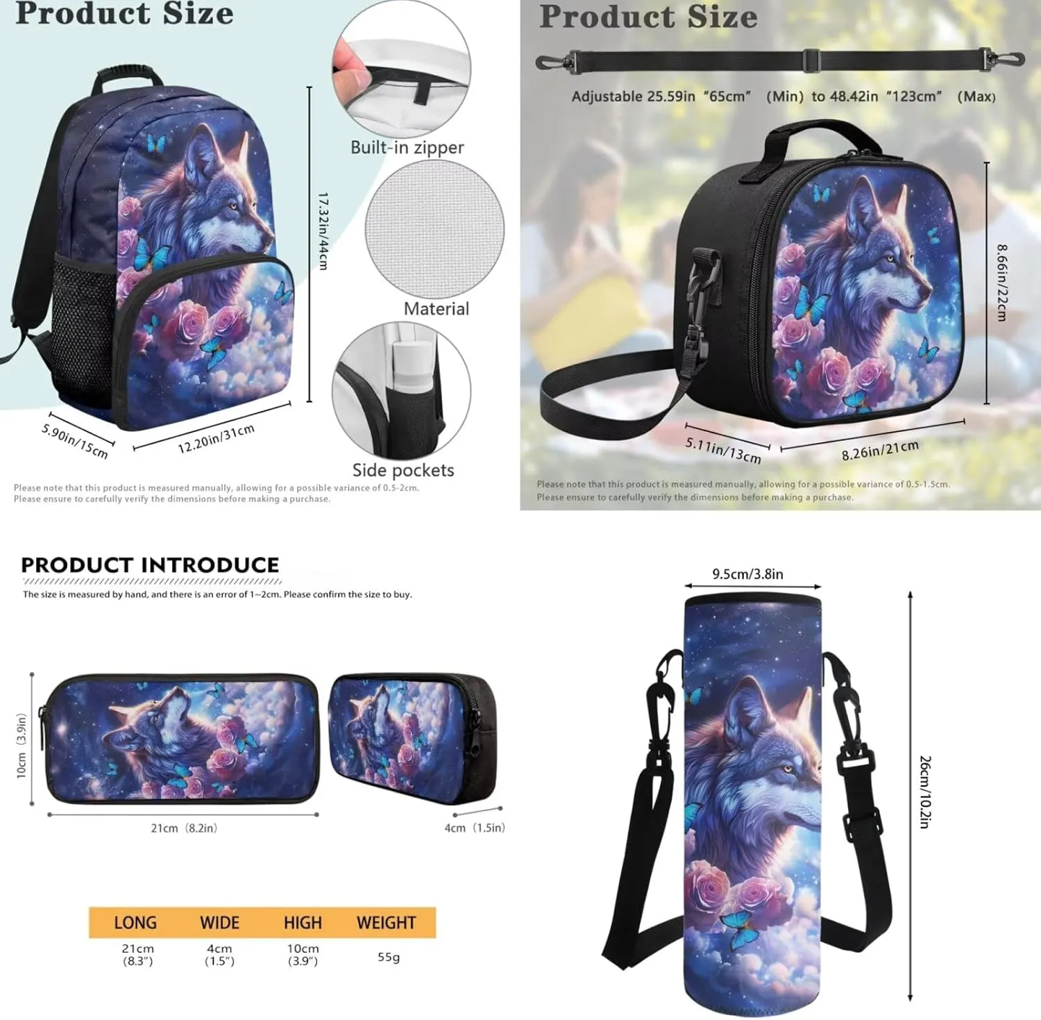 Cute Wolf Kids Backpack with Lunch Box and Water Bottle Holder for Girls, Boys School Bag with Lunch Bag Pencil Case Elementary School Bookbag 4 PCS Back to School Supplies