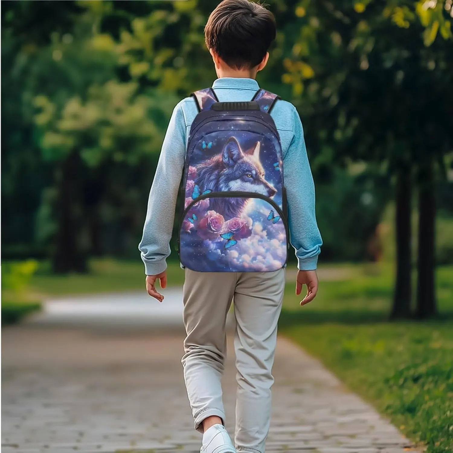 Cute Wolf Kids Backpack with Lunch Box and Water Bottle Holder for Girls, Boys School Bag with Lunch Bag Pencil Case Elementary School Bookbag 4 PCS Back to School Supplies