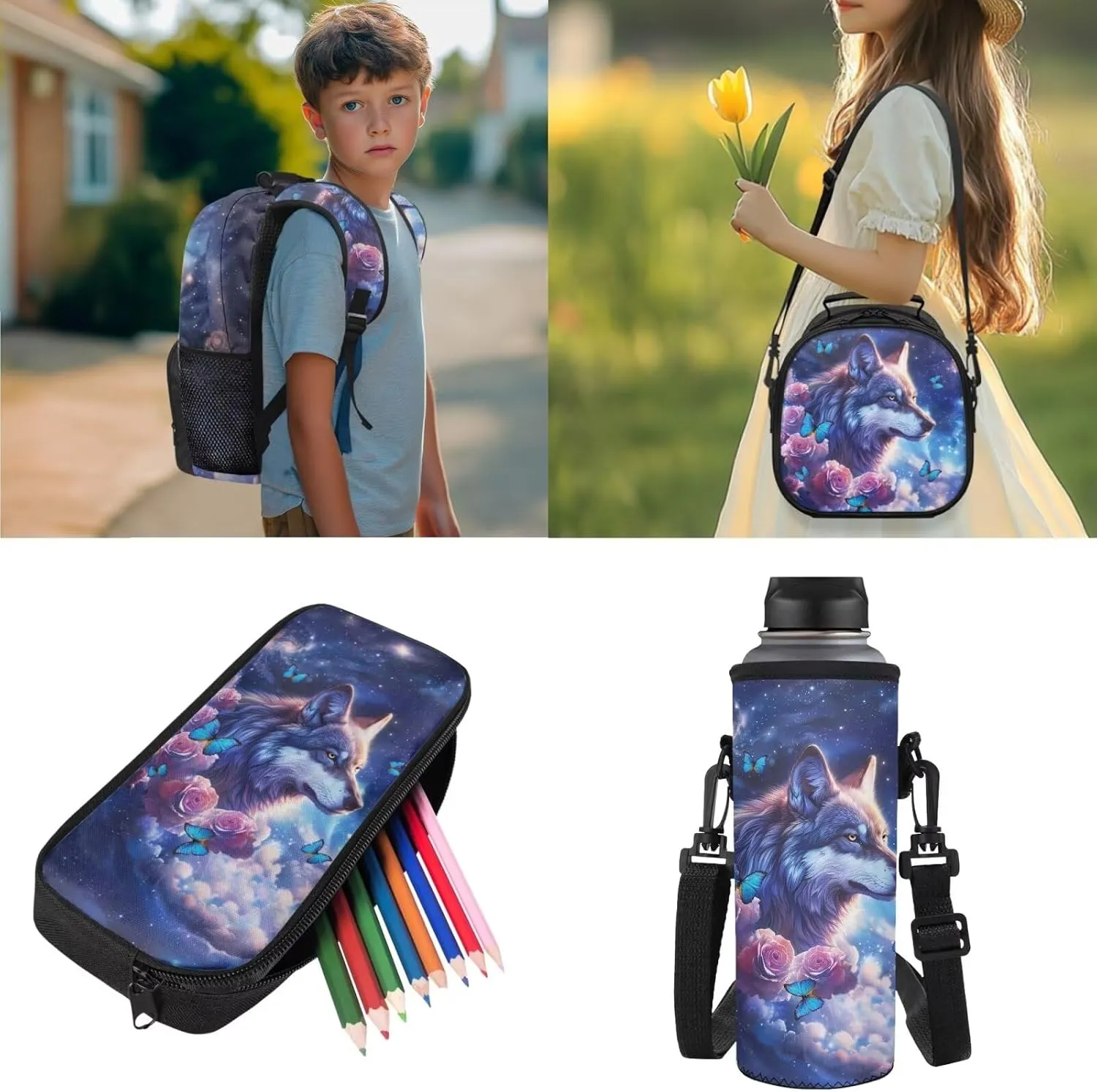 Cute Wolf Kids Backpack with Lunch Box and Water Bottle Holder for Girls, Boys School Bag with Lunch Bag Pencil Case Elementary School Bookbag 4 PCS Back to School Supplies