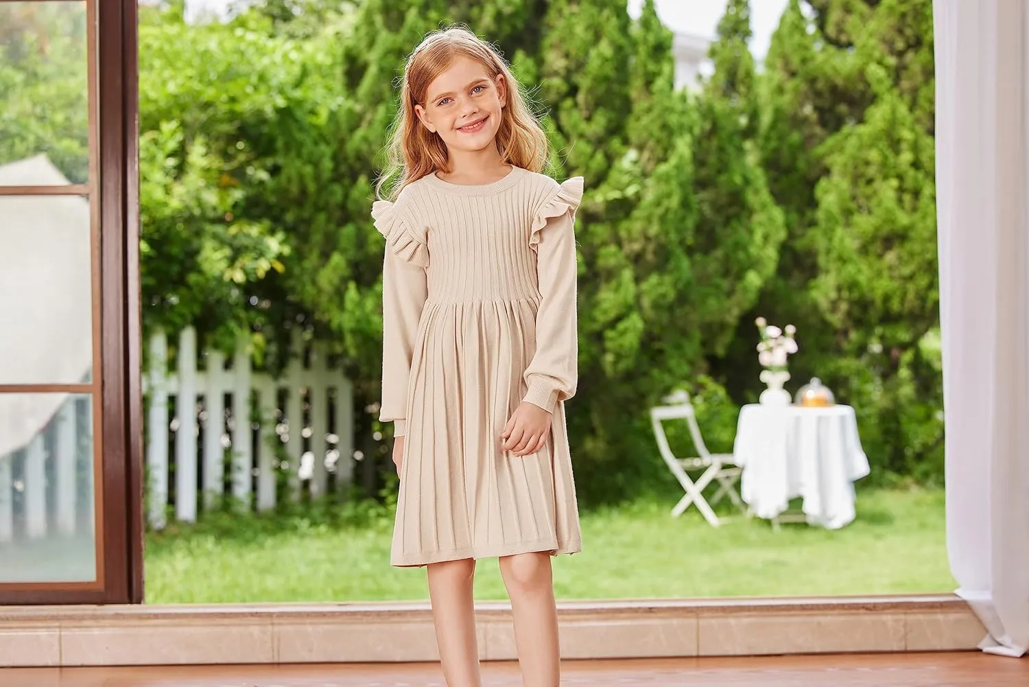 Danna Belle Girls Sweater Dress Lantern Sleeve Ruffled Fall Winter Dresses 5-12Y