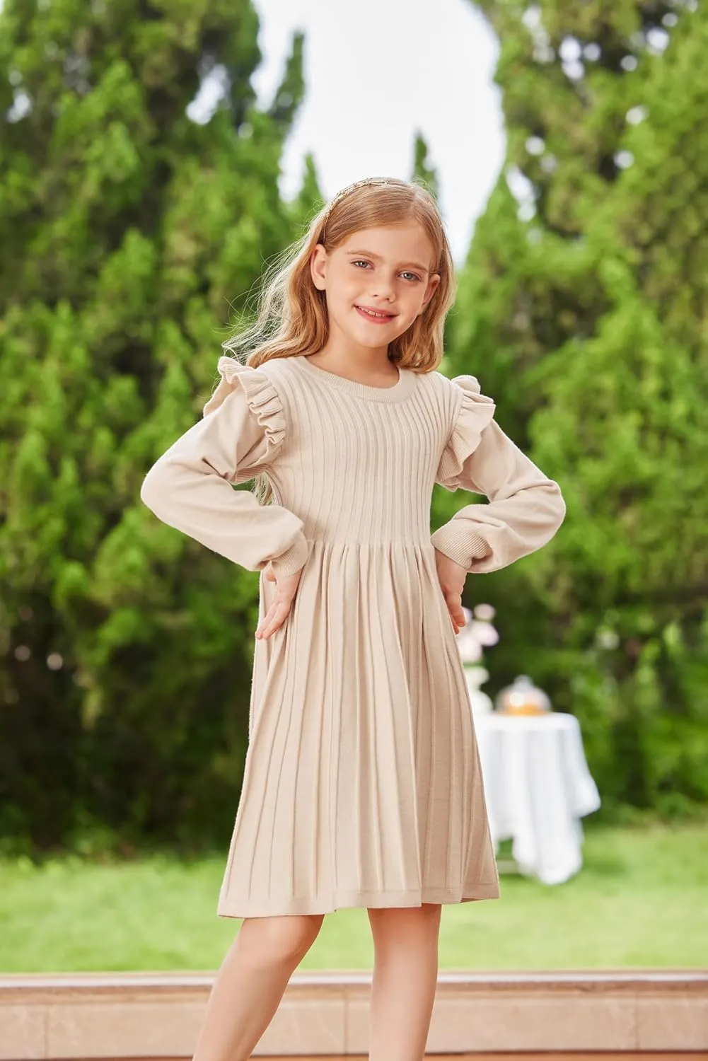 Danna Belle Girls Sweater Dress Lantern Sleeve Ruffled Fall Winter Dresses 5-12Y
