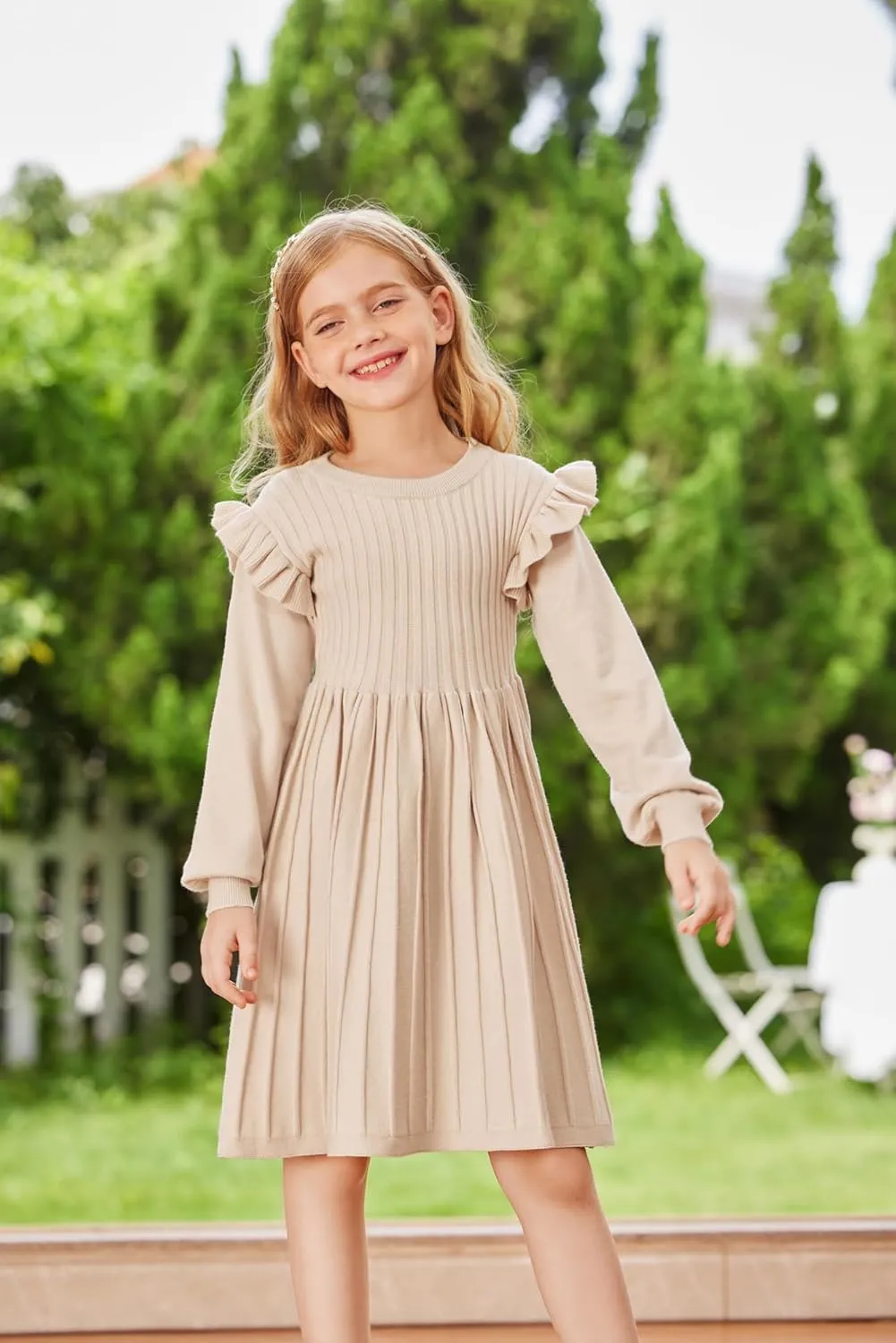 Danna Belle Girls Sweater Dress Lantern Sleeve Ruffled Fall Winter Dresses 5-12Y
