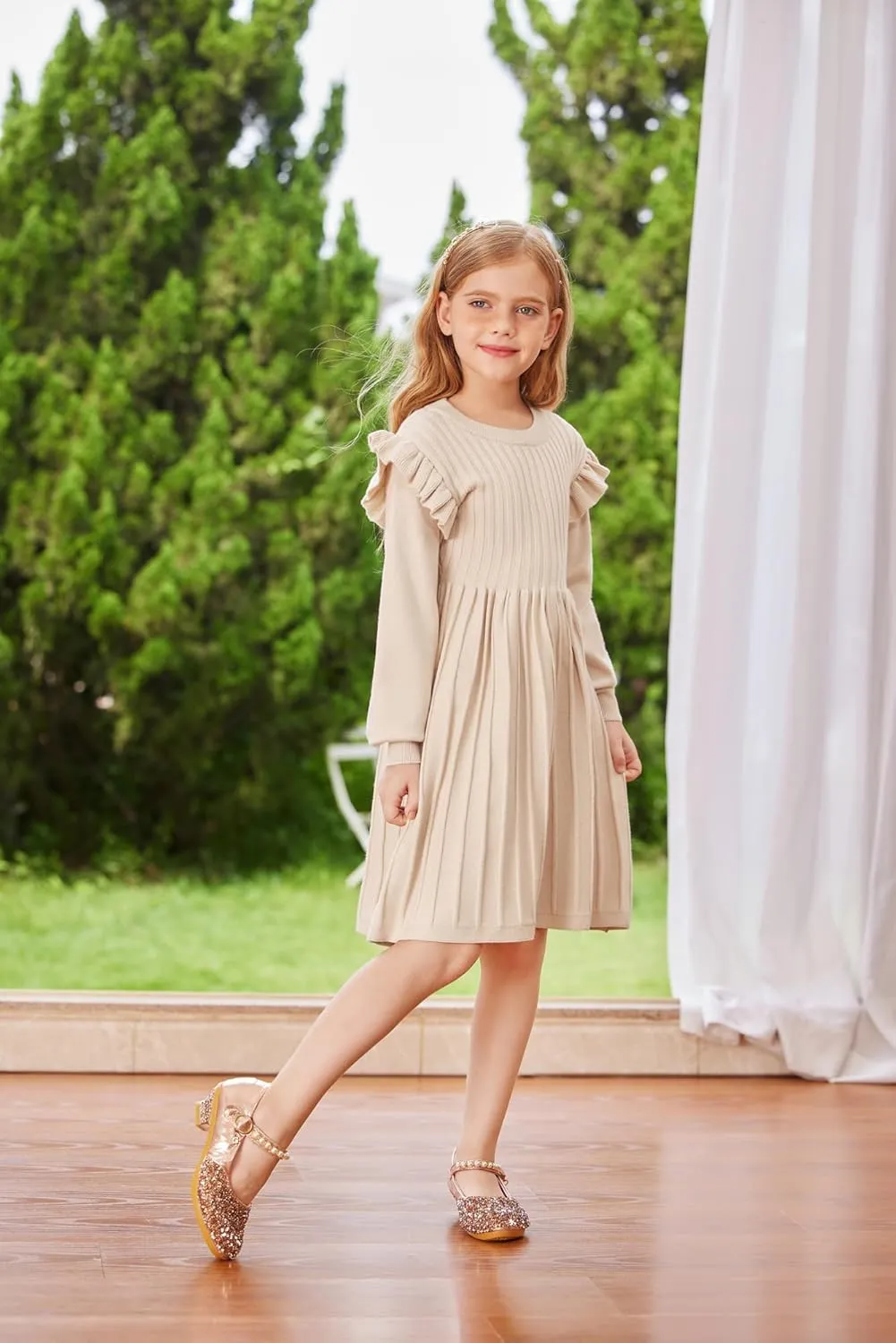 Danna Belle Girls Sweater Dress Lantern Sleeve Ruffled Fall Winter Dresses 5-12Y