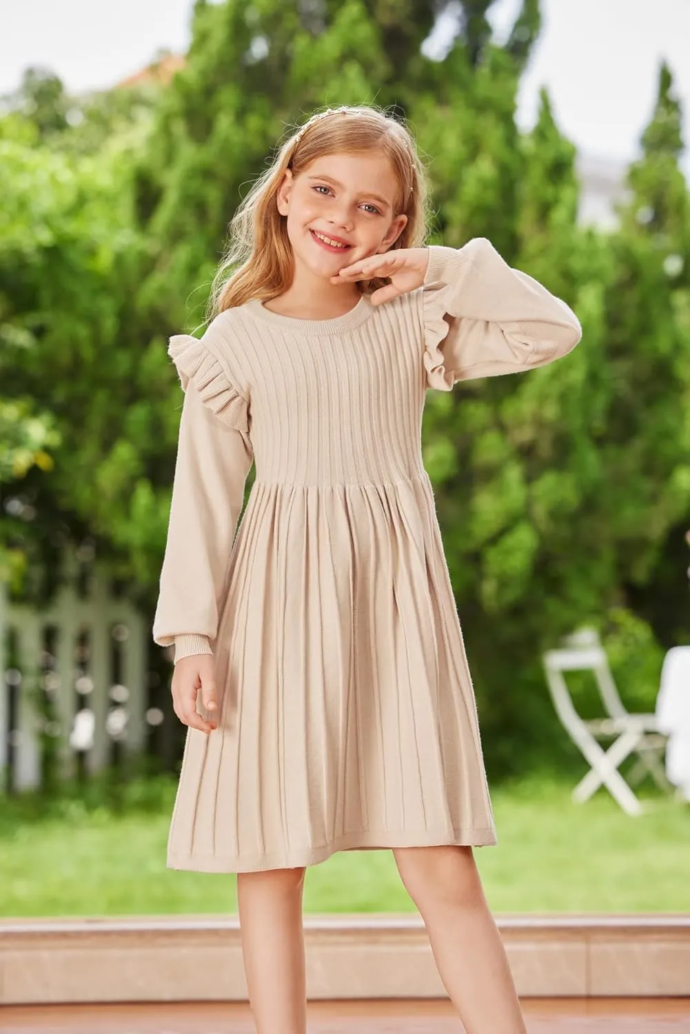 Danna Belle Girls Sweater Dress Lantern Sleeve Ruffled Fall Winter Dresses 5-12Y