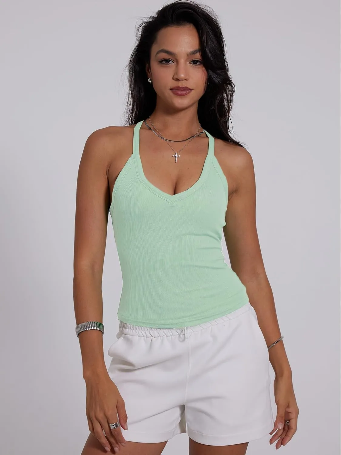 Danysu V Neck Racer Back Tank Top for Women Padded Ribbed Long Tank Fitted Basic Cami Tops