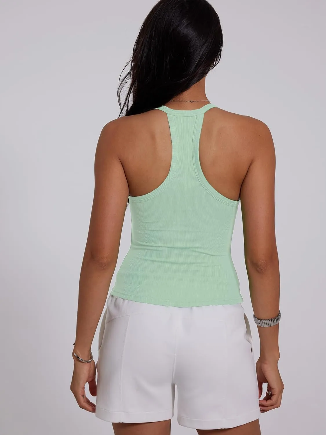 Danysu V Neck Racer Back Tank Top for Women Padded Ribbed Long Tank Fitted Basic Cami Tops