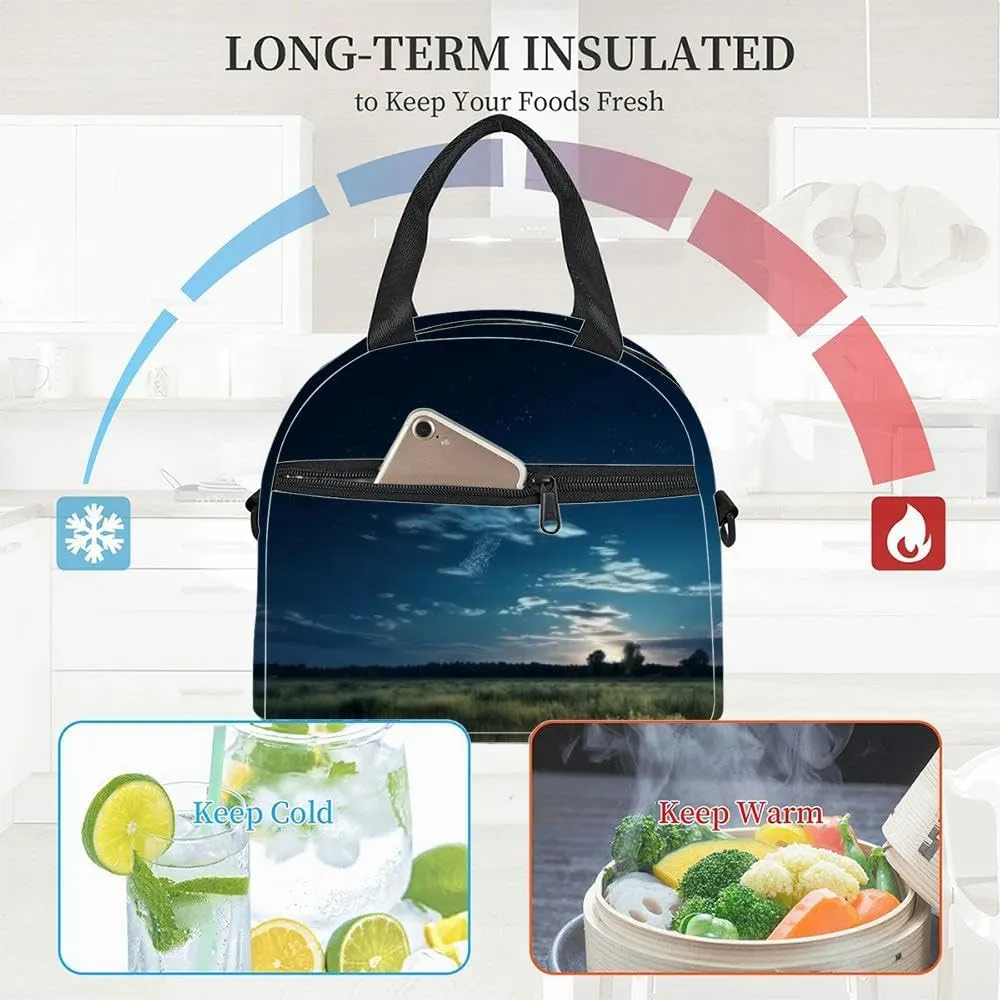 Dark blue sky after sunset beautiful awesome sky moon and milky way Insulated Adult Lunch Bag with Shoulder Strap for Women Lightweight Reusable Portable Freezable Lunch Tote Bag for Work Picnic