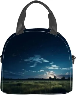 Dark blue sky after sunset beautiful awesome sky moon and milky way Insulated Adult Lunch Bag with Shoulder Strap for Women Lightweight Reusable Portable Freezable Lunch Tote Bag for Work Picnic