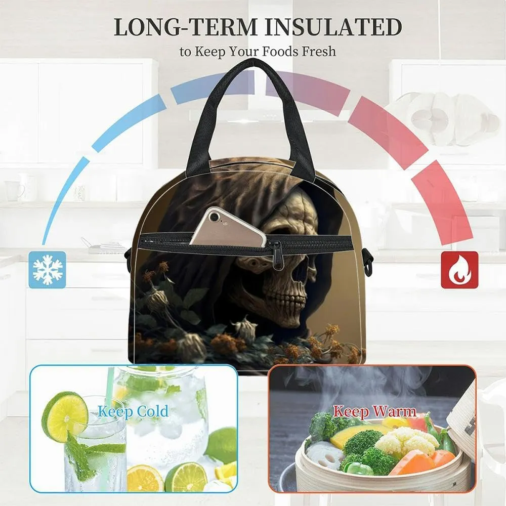 Death the grim reaper hooded skull Insulated Adult Lunch Bag with Shoulder Strap for Women Lightweight Reusable Portable Freezable Lunch Tote Bag for Work Picnic