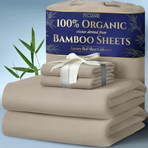 DECOLURE 100% Organic Viscose Derived from Bamboo Sheets King Size 4pcs - Ultra Soft & Luxuriously Cooling, 17" Deep Pocket, Double Stitching, Perfect for Hot Sleepers - King Bed Sheets (Taupe)