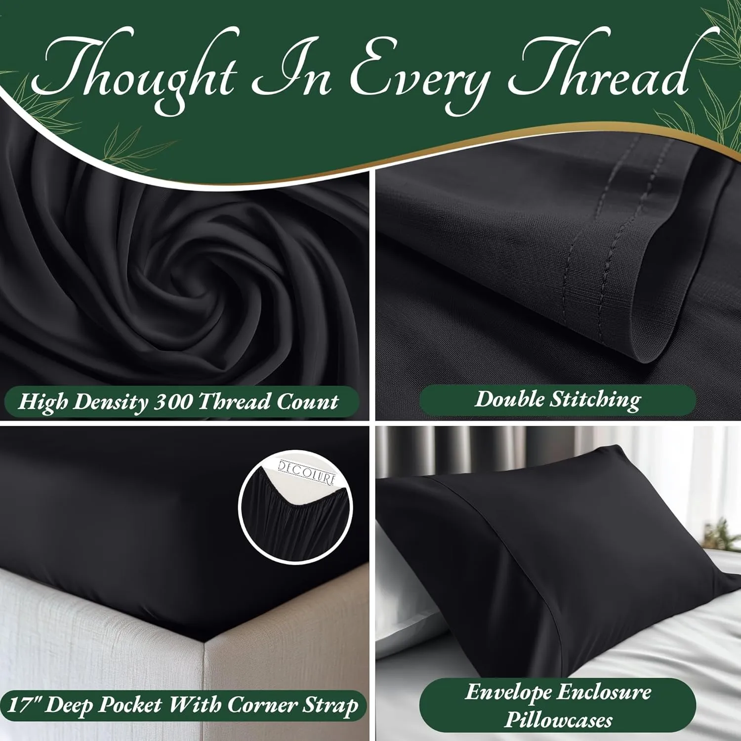 DECOLURE 100% Organic Viscose Derived from Bamboo Sheets King Size 6pcs - Ultra Soft & Luxuriously Cooling, 17" Deep Pocket, Double Stitching, Perfect for Hot Sleepers - King Bed Sheets (Charcoal)
