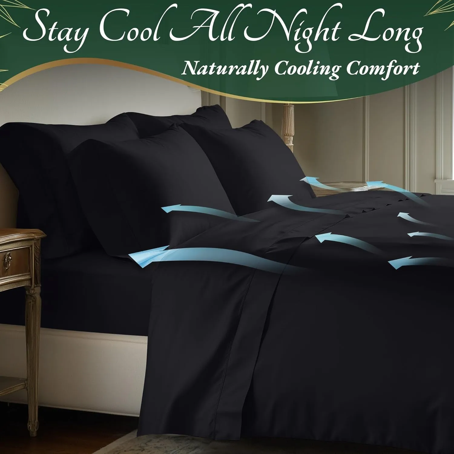 DECOLURE 100% Organic Viscose Derived from Bamboo Sheets King Size 6pcs - Ultra Soft & Luxuriously Cooling, 17" Deep Pocket, Double Stitching, Perfect for Hot Sleepers - King Bed Sheets (Charcoal)