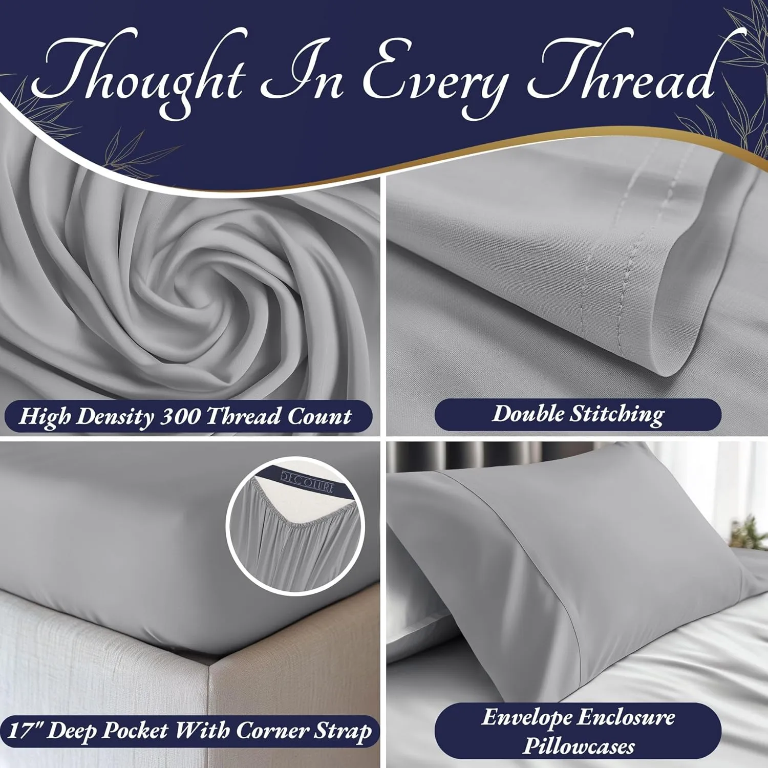 DECOLURE 100% Organic Viscose Derived from Bamboo Sheets Queen Size 4pcs - Ultra Soft & Luxuriously Cooling, 17" Deep Pocket, Double Stitching, Perfect for Hot Sleepers - Queen Bed Sheets (Midgrey)