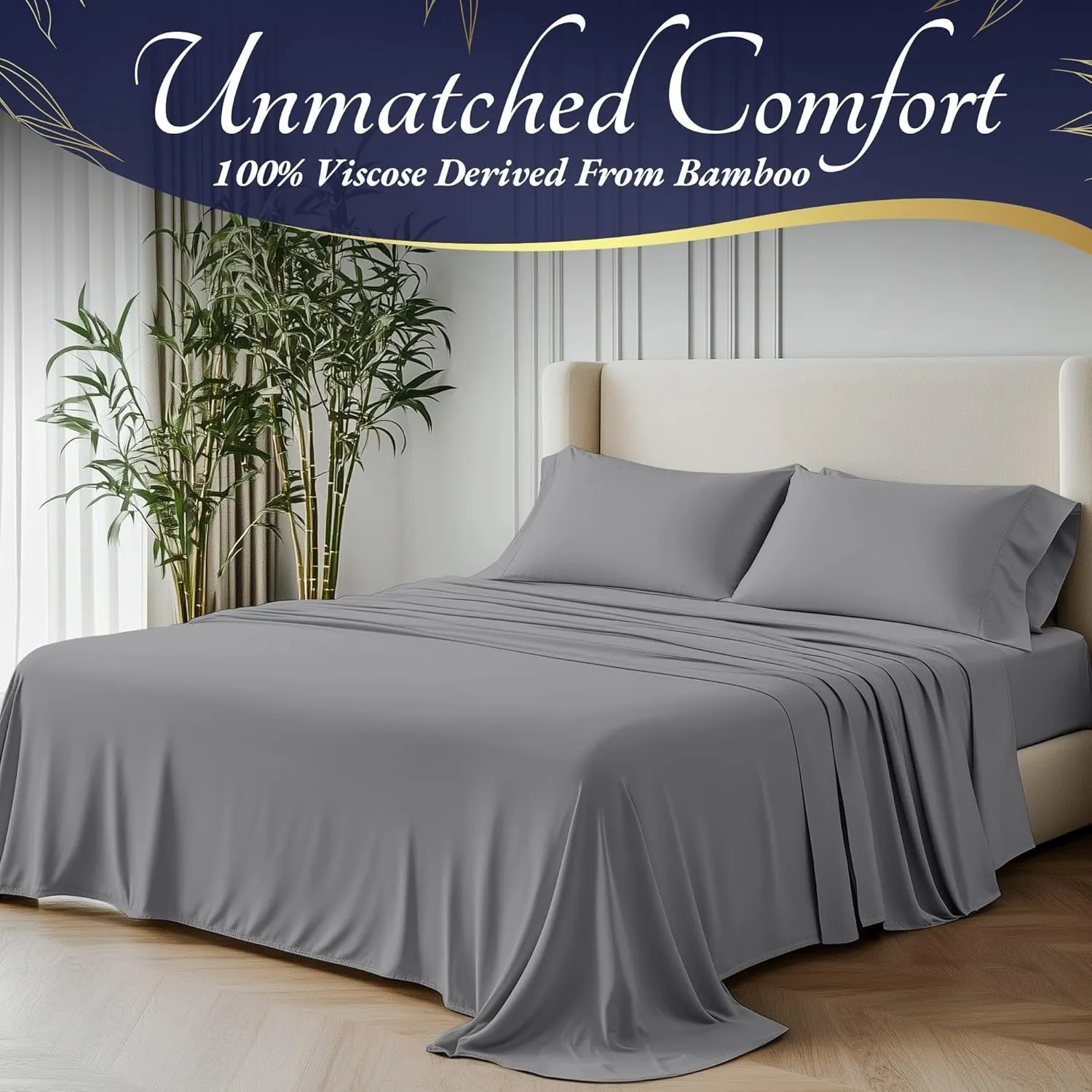 DECOLURE 100% Organic Viscose Derived from Bamboo Sheets Queen Size 4pcs - Ultra Soft & Luxuriously Cooling, 17" Deep Pocket, Double Stitching, Perfect for Hot Sleepers - Queen Bed Sheets (Midgrey)