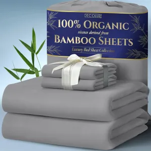 DECOLURE 100% Organic Viscose Derived from Bamboo Sheets Queen Size 4pcs - Ultra Soft & Luxuriously Cooling, 17" Deep Pocket, Double Stitching, Perfect for Hot Sleepers - Queen Bed Sheets (Midgrey)