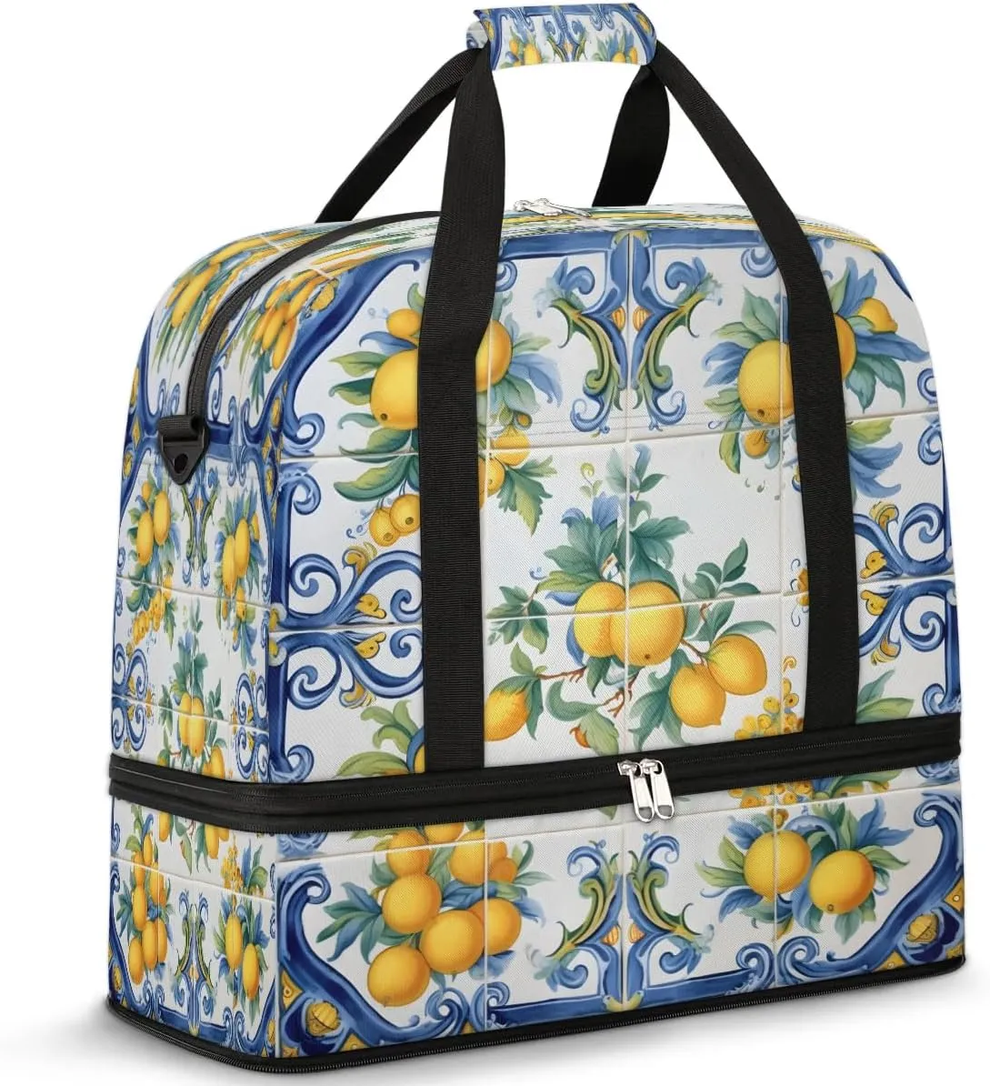 Decorative Citrus Tiles Travel Duffel Bag, Travel Essentials, Gym Bag for Women, Weekender Overnight Bag With Shoes Compartment, Carry On Bags for Airplanes