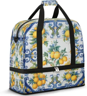Decorative Citrus Tiles Travel Duffel Bag, Travel Essentials, Gym Bag for Women, Weekender Overnight Bag With Shoes Compartment, Carry On Bags for Airplanes