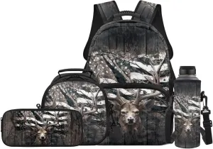 Deer Backpack for Kids Hunting Camo Boys Girls School Bag American Flag Bookbag and Lunch Box Set Pencil Case Water Bottle Holder 4 PCS Elementary School Accessories