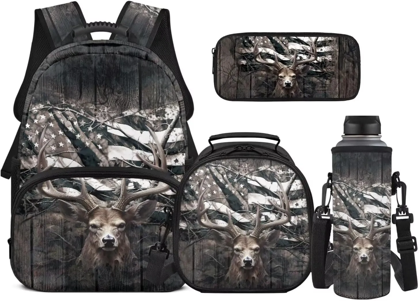 Deer Backpack for Kids Hunting Camo Boys Girls School Bag American Flag Bookbag and Lunch Box Set Pencil Case Water Bottle Holder 4 PCS Elementary School Accessories