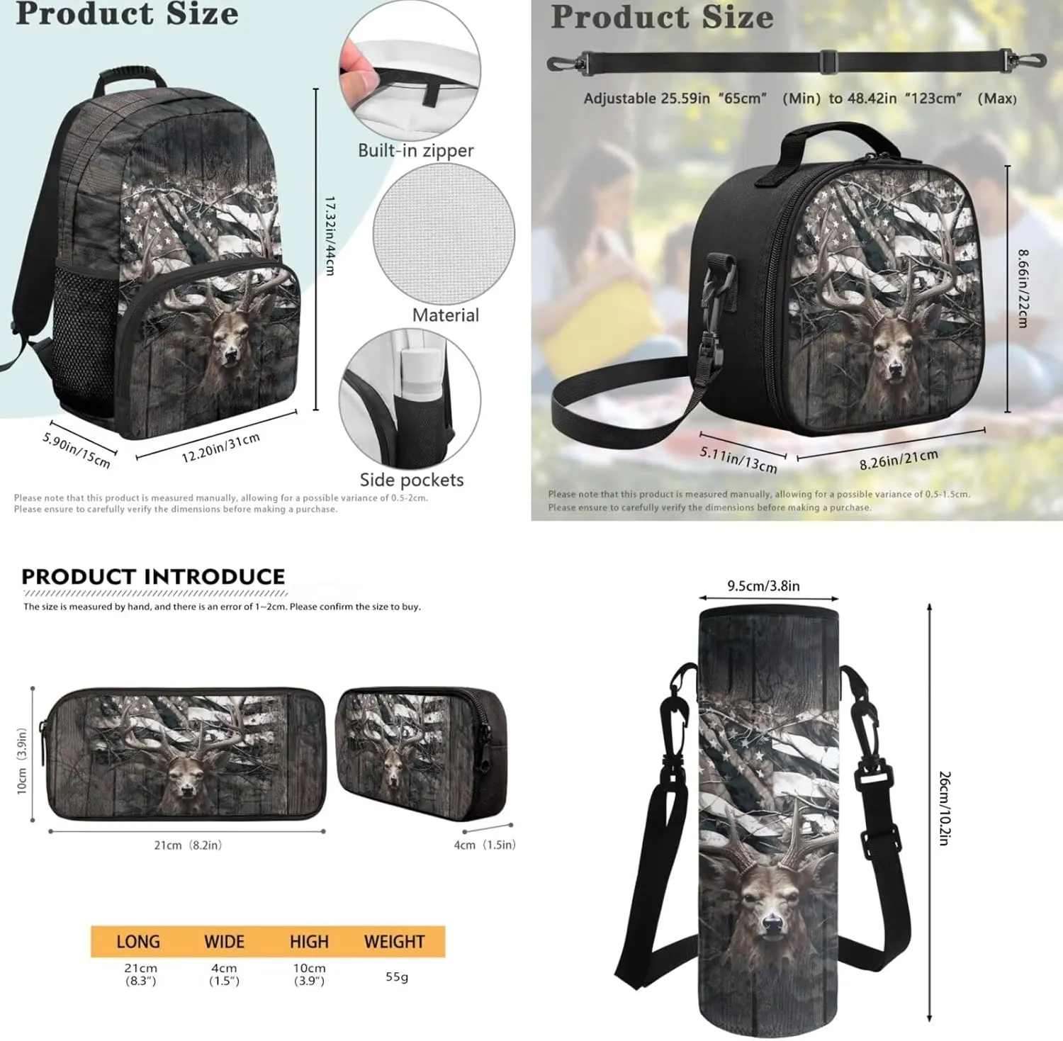 Deer Backpack for Kids Hunting Camo Boys Girls School Bag American Flag Bookbag and Lunch Box Set Pencil Case Water Bottle Holder 4 PCS Elementary School Accessories