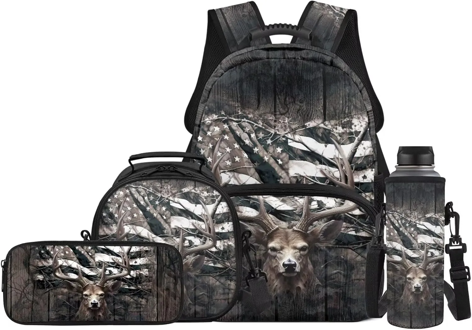 Deer Backpack for Kids Hunting Camo Boys Girls School Bag American Flag Bookbag and Lunch Box Set Pencil Case Water Bottle Holder 4 PCS Elementary School Accessories