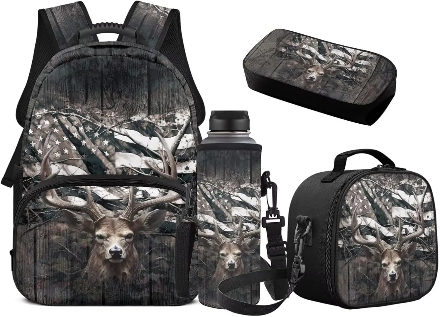 Deer Backpack for Kids Hunting Camo Boys Girls School Bag American Flag Bookbag and Lunch Box Set Pencil Case Water Bottle Holder 4 PCS Elementary School Accessories