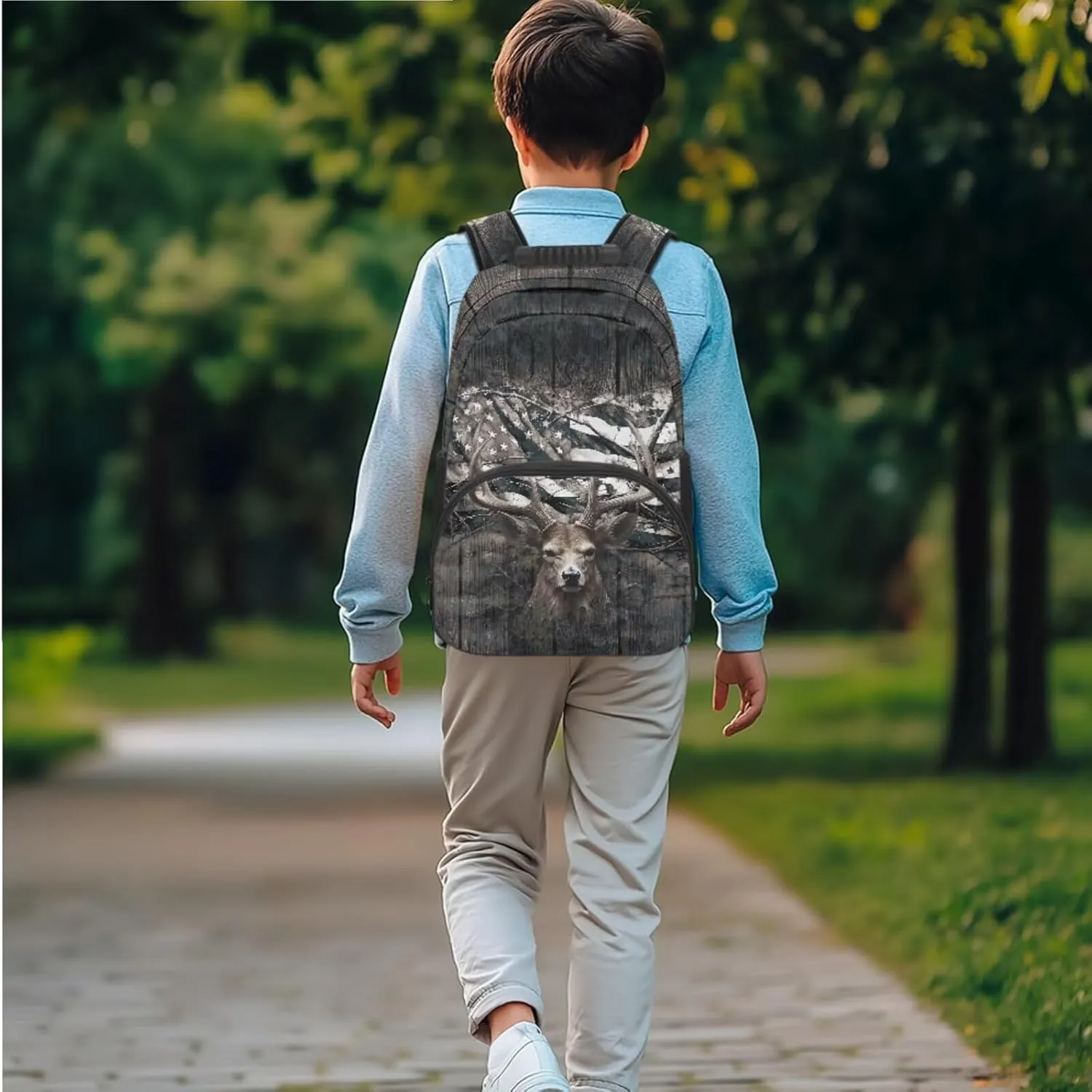 Deer Backpack for Kids Hunting Camo Boys Girls School Bag American Flag Bookbag and Lunch Box Set Pencil Case Water Bottle Holder 4 PCS Elementary School Accessories