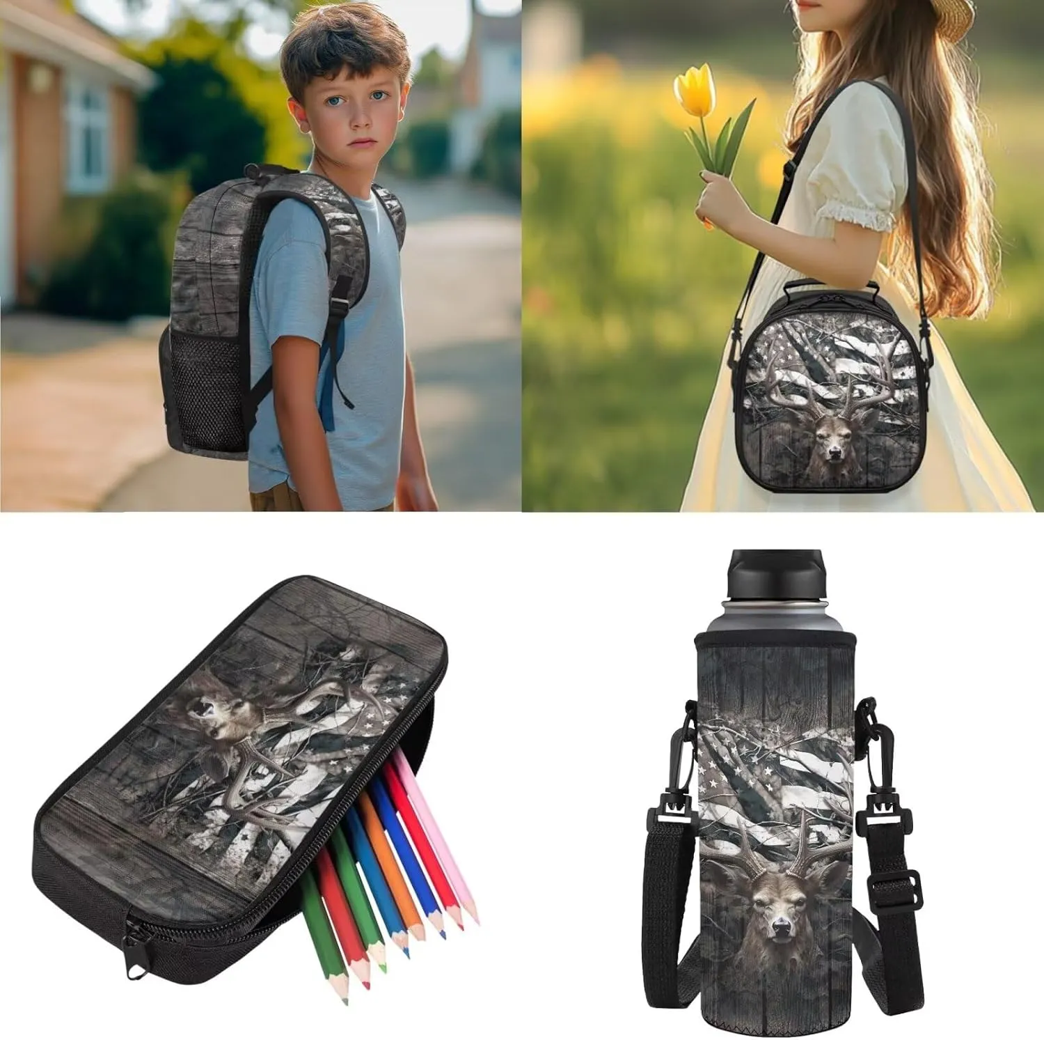 Deer Backpack for Kids Hunting Camo Boys Girls School Bag American Flag Bookbag and Lunch Box Set Pencil Case Water Bottle Holder 4 PCS Elementary School Accessories