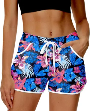 Deerose Women 4th of July Board Shorts Hawaiian Tropical Print Beach Swim Shorts with Pockets