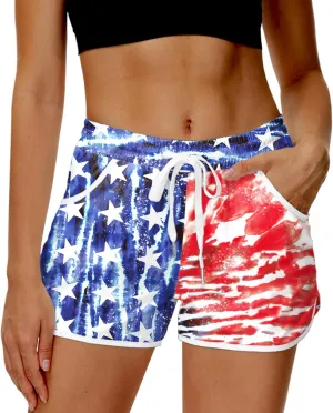 Deerose Women 4th of July Board Shorts Hawaiian Tropical Print Beach Swim Shorts with Pockets