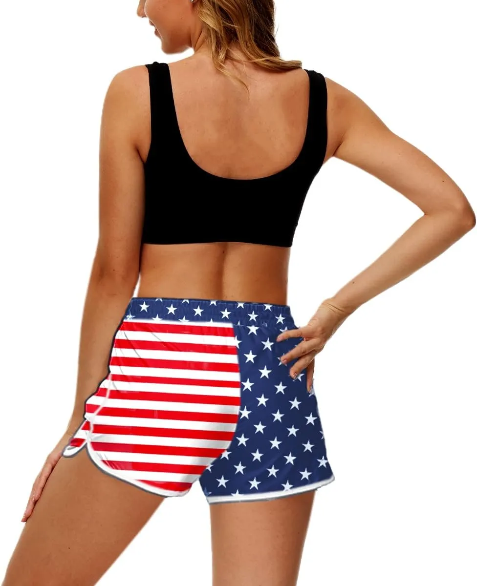 Deerose Women 4th of July Board Shorts Hawaiian Tropical Print Beach Swim Shorts with Pockets