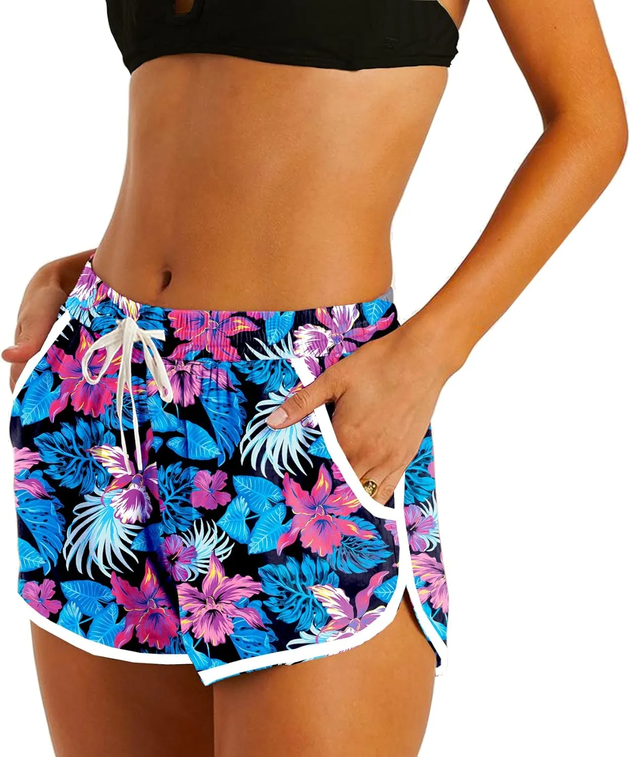 Deerose Women 4th of July Board Shorts Hawaiian Tropical Print Beach Swim Shorts with Pockets