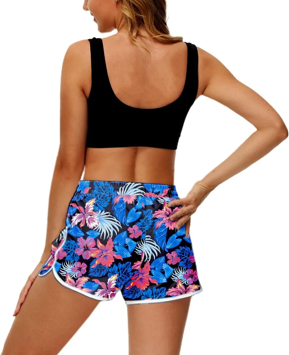 Deerose Women 4th of July Board Shorts Hawaiian Tropical Print Beach Swim Shorts with Pockets