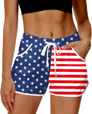 Deerose Women 4th of July Board Shorts Hawaiian Tropical Print Beach Swim Shorts with Pockets