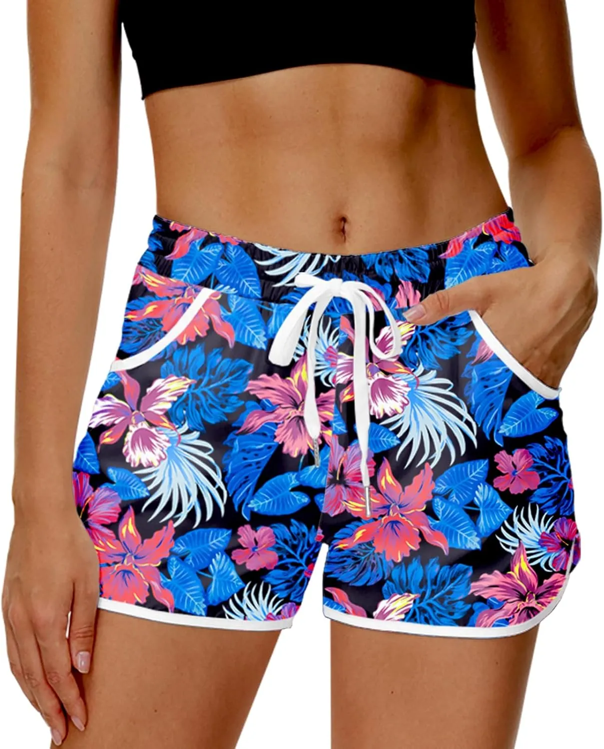 Deerose Women 4th of July Board Shorts Hawaiian Tropical Print Beach Swim Shorts with Pockets