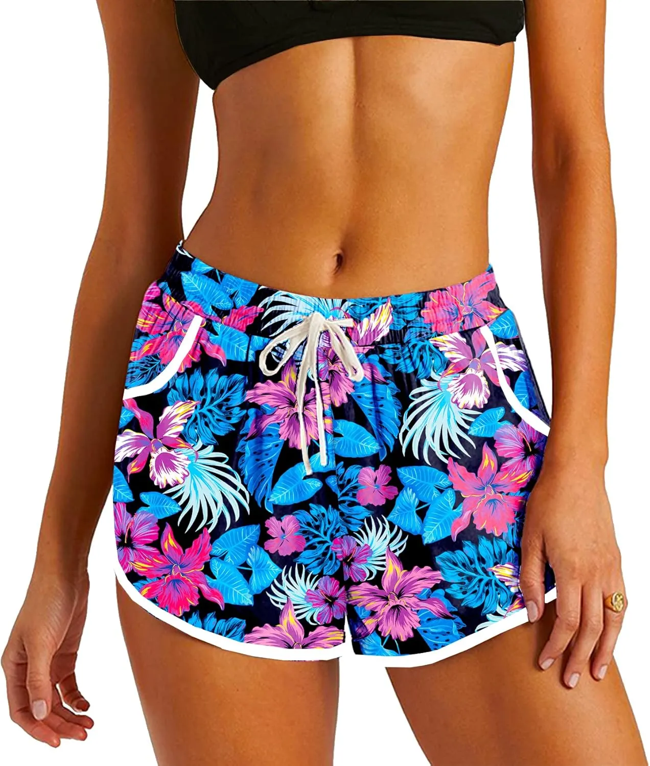 Deerose Women 4th of July Board Shorts Hawaiian Tropical Print Beach Swim Shorts with Pockets