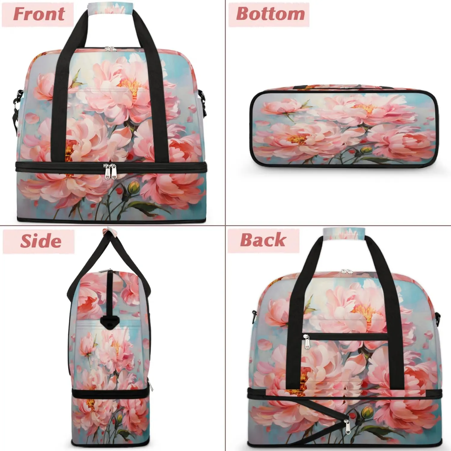 Delicate Flora Printing Magritte Travel Duffle Bag, Collapsible Travel Bag Sports Gym Bag With Shoes Compartment Weekender Bag Overnight Bag For Women Men