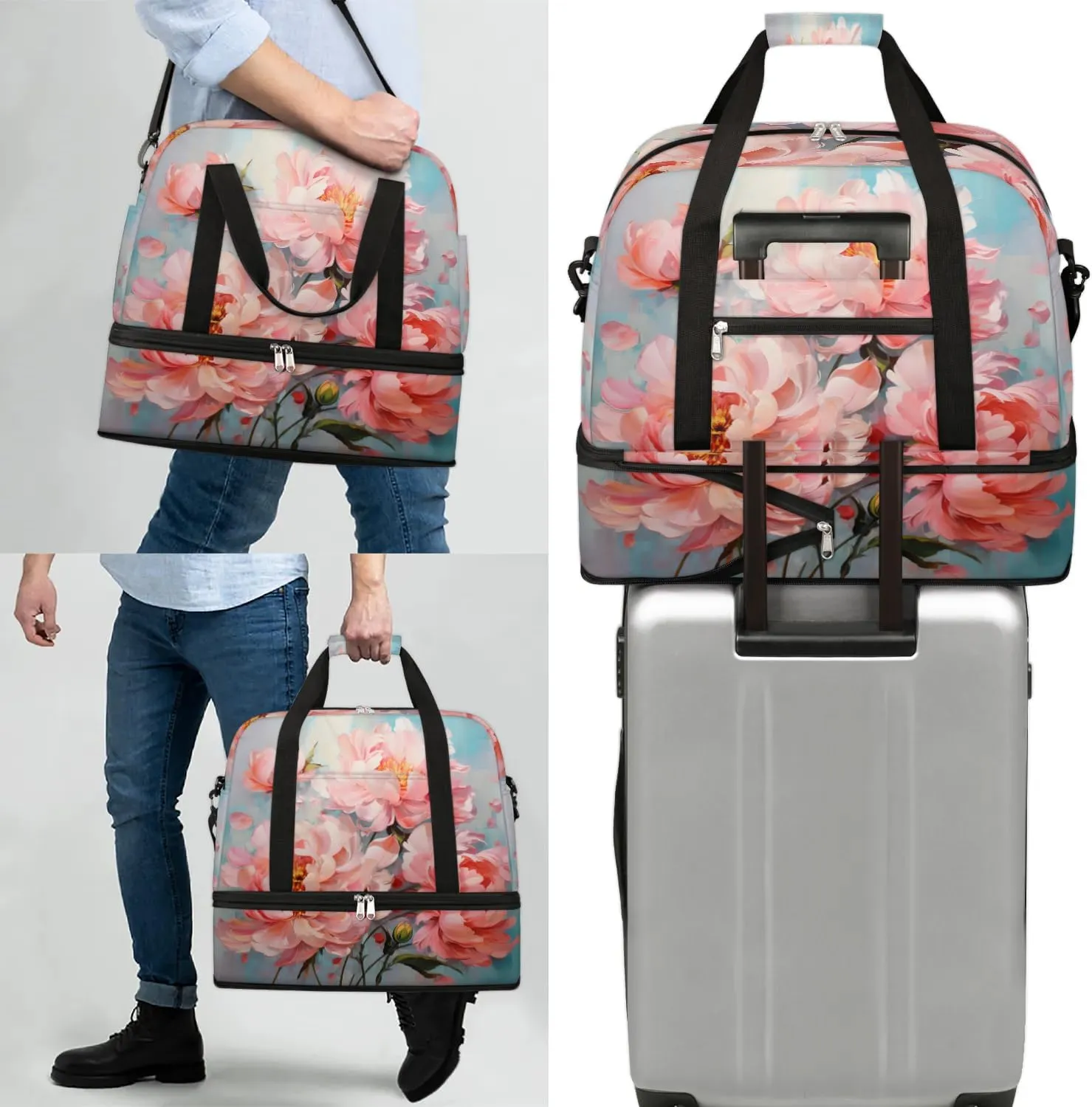 Delicate Flora Printing Magritte Travel Duffle Bag, Collapsible Travel Bag Sports Gym Bag With Shoes Compartment Weekender Bag Overnight Bag For Women Men